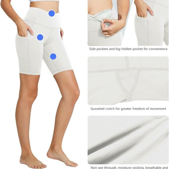 Women's High Waist Yoga Biker Shorts with Pockets, 8" Inseam, White - Picture 4 of 4